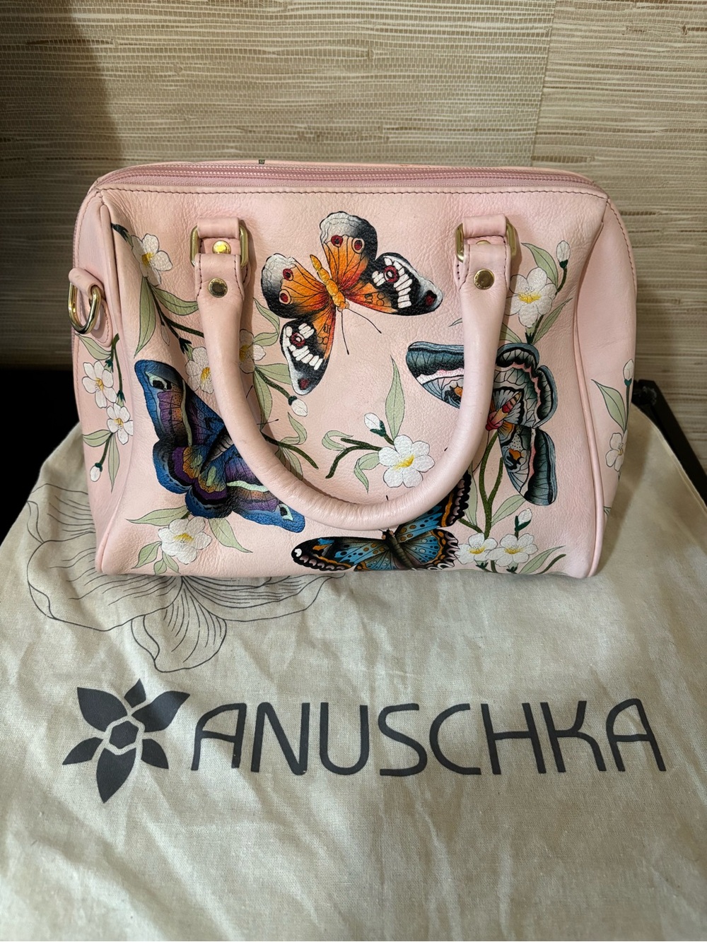 Anuschka Pink Hand-Painted Floral & Butterfly Satchel - Picture 3 of 12